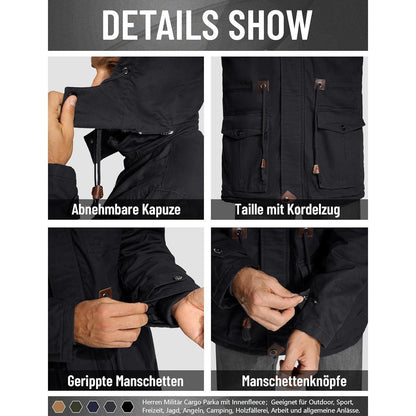 Herren Winterjacke gefüttert Fleece Parka mit Kapuze Schwarz