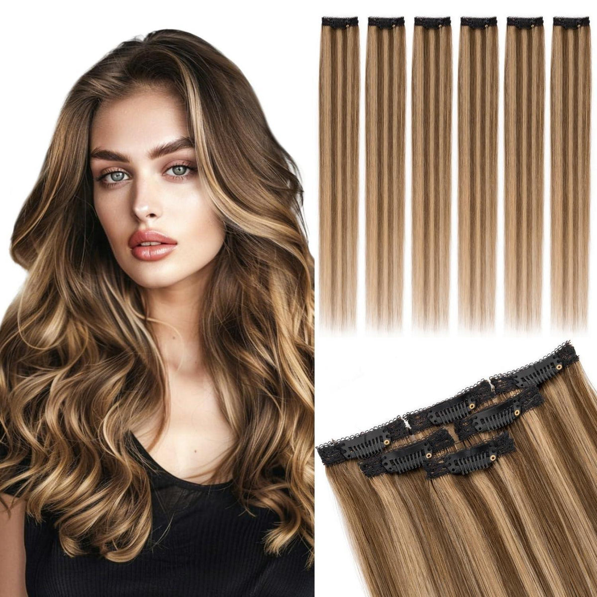 Echthaar Haarverlängerung Clip-In 55cm Mittelbraun/Dunkelblond
