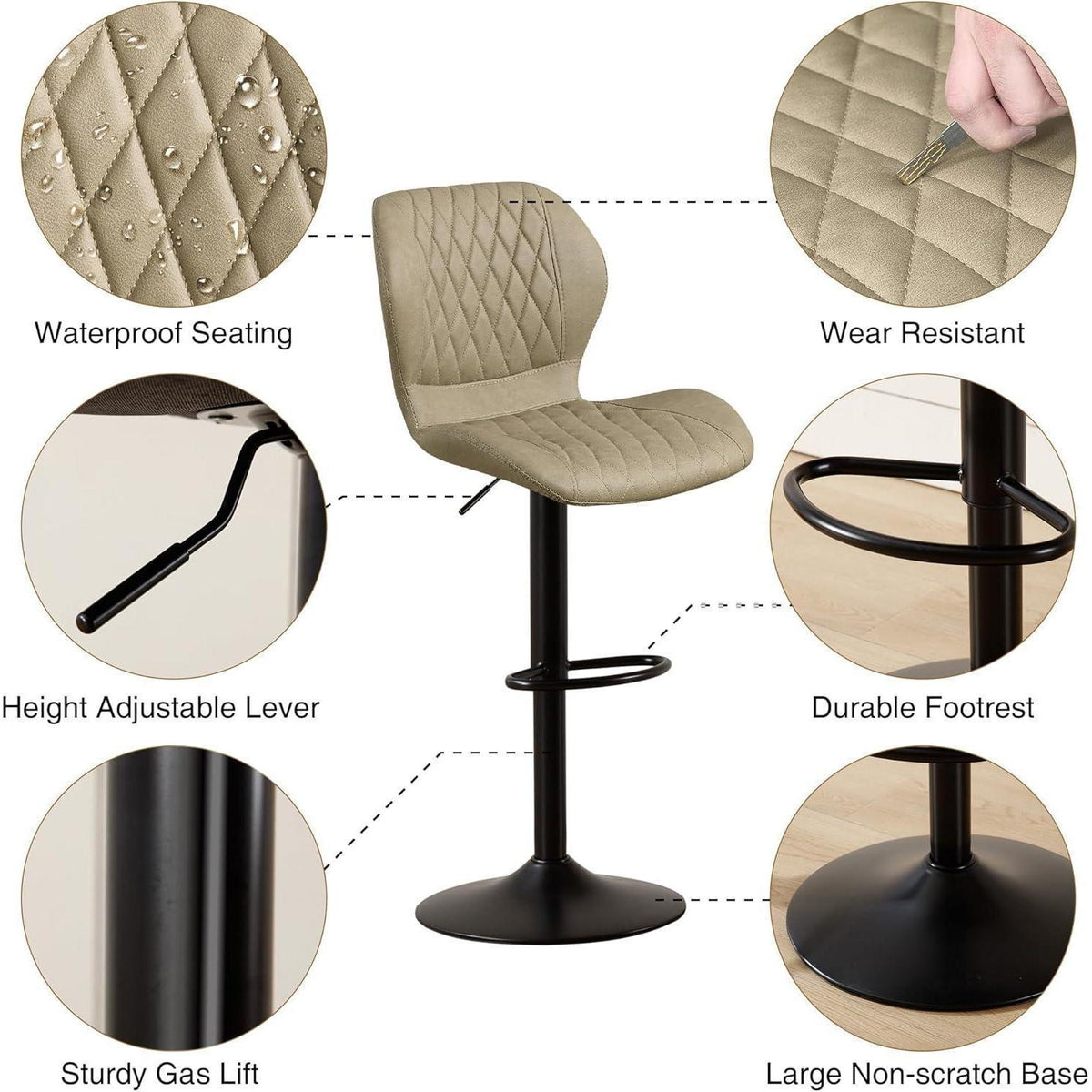 Barhocker mit Lehne, Höhenverstellbar, Khaki