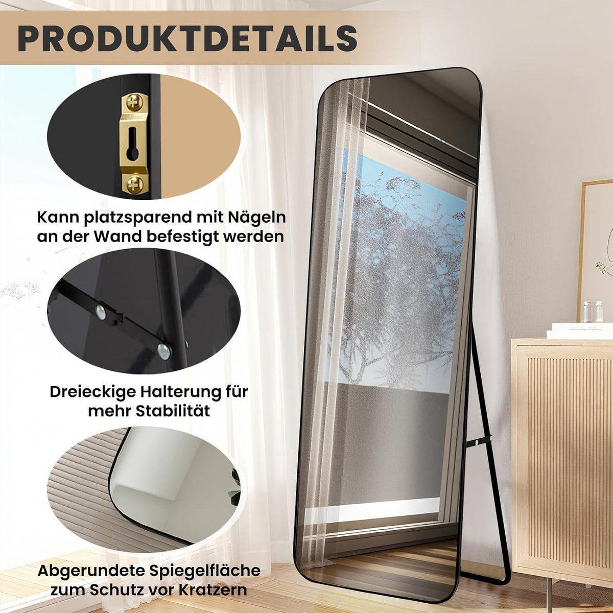 Ganzkörperspiegel Schwarz 155x55cm – Gehärtetes Glas, Modern