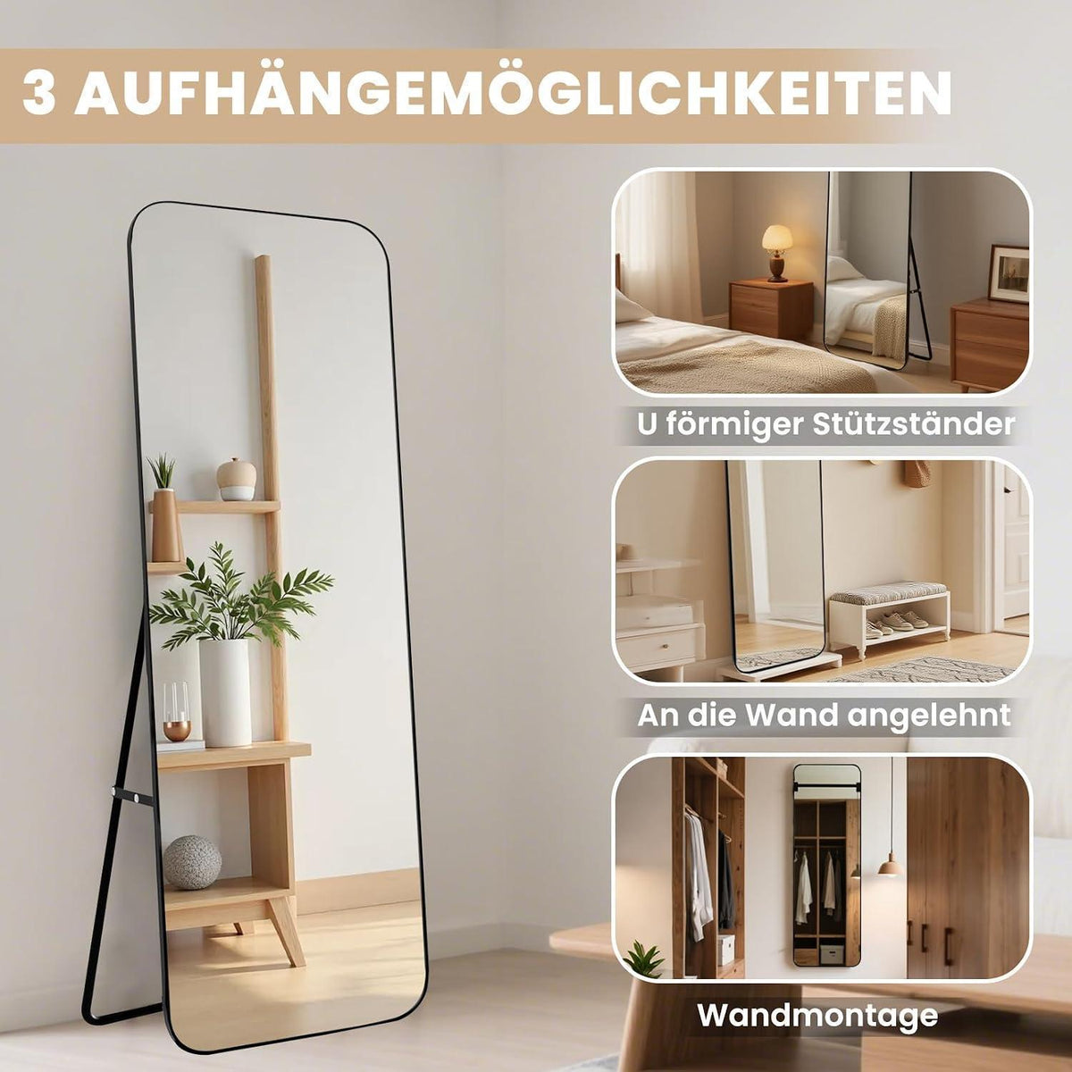 Ganzkörperspiegel Schwarz 155x55cm – Gehärtetes Glas, Modern