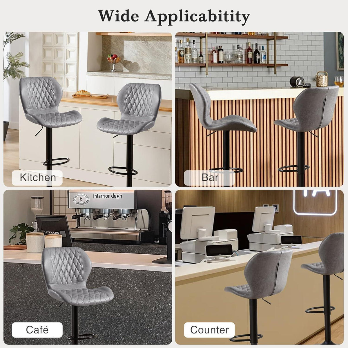 Barhocker mit Lehne, Höhenverstellbar, Grau (2er Set)