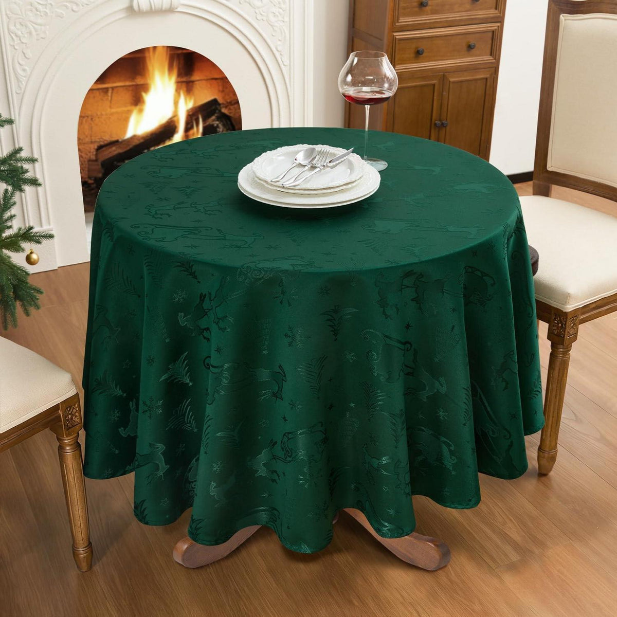 Runde Weihnachtstischdecke 160cm Dunkelgrün – Jacquard Deko mit Rentier & Baum