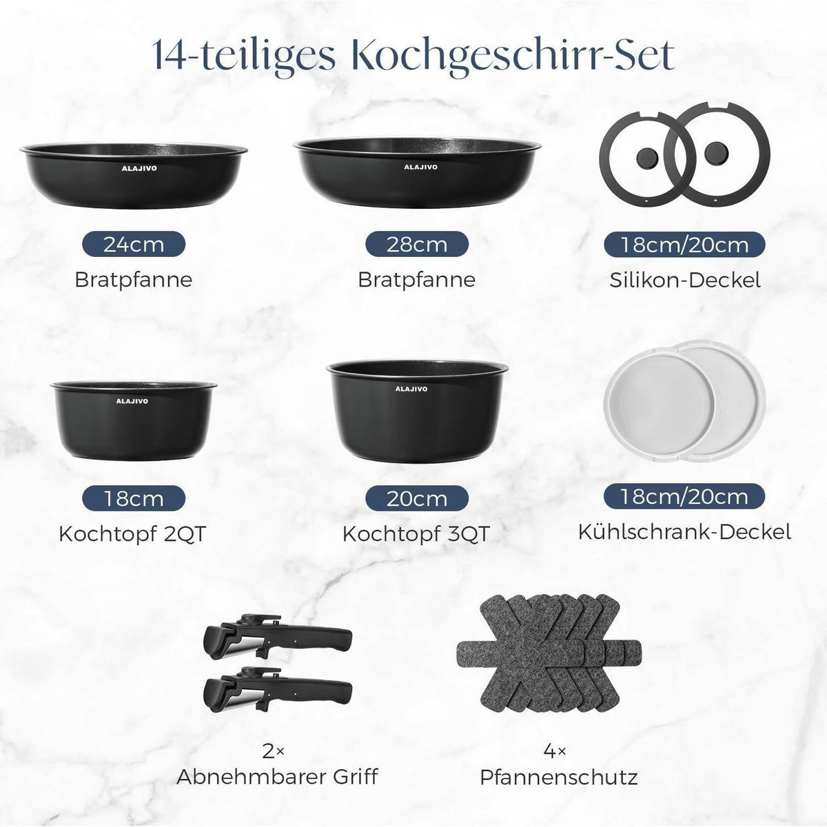 14-teiliges Keramik Topfset mit Abnehmbarem Griff