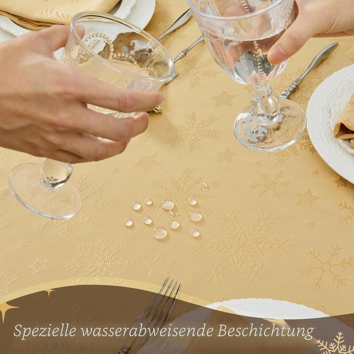 Romanische Weihnachts Tischdecke Gold 140x240 cm Schneeflocken & Sterne