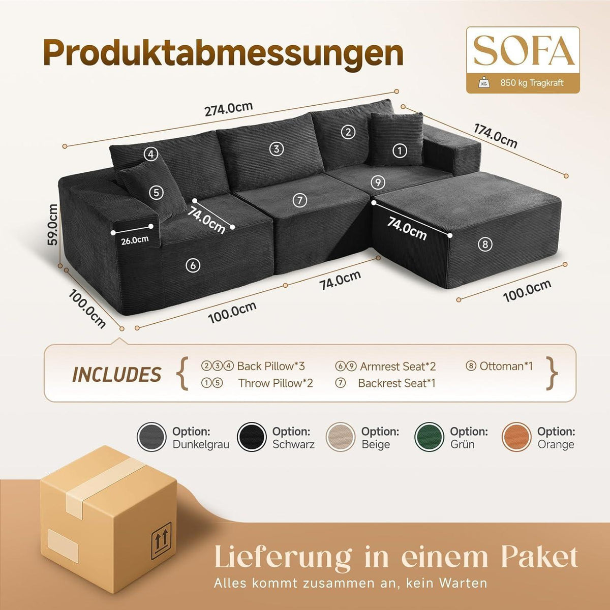 Großes Ecksofa 275cm mit Schlaffunktion & Ottomane