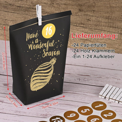 Adventskalender zum Befüllen: 24 schwarze & gelbe Papiertüten mit Gold-Aufklebern