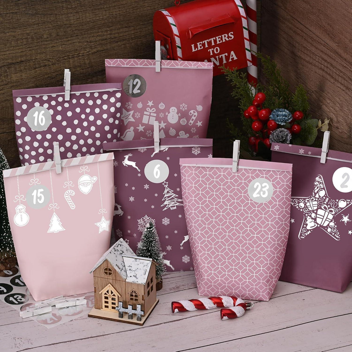 Adventskalender Tüten zum Befüllen, Rosa, 24 XXL Geschenktüten