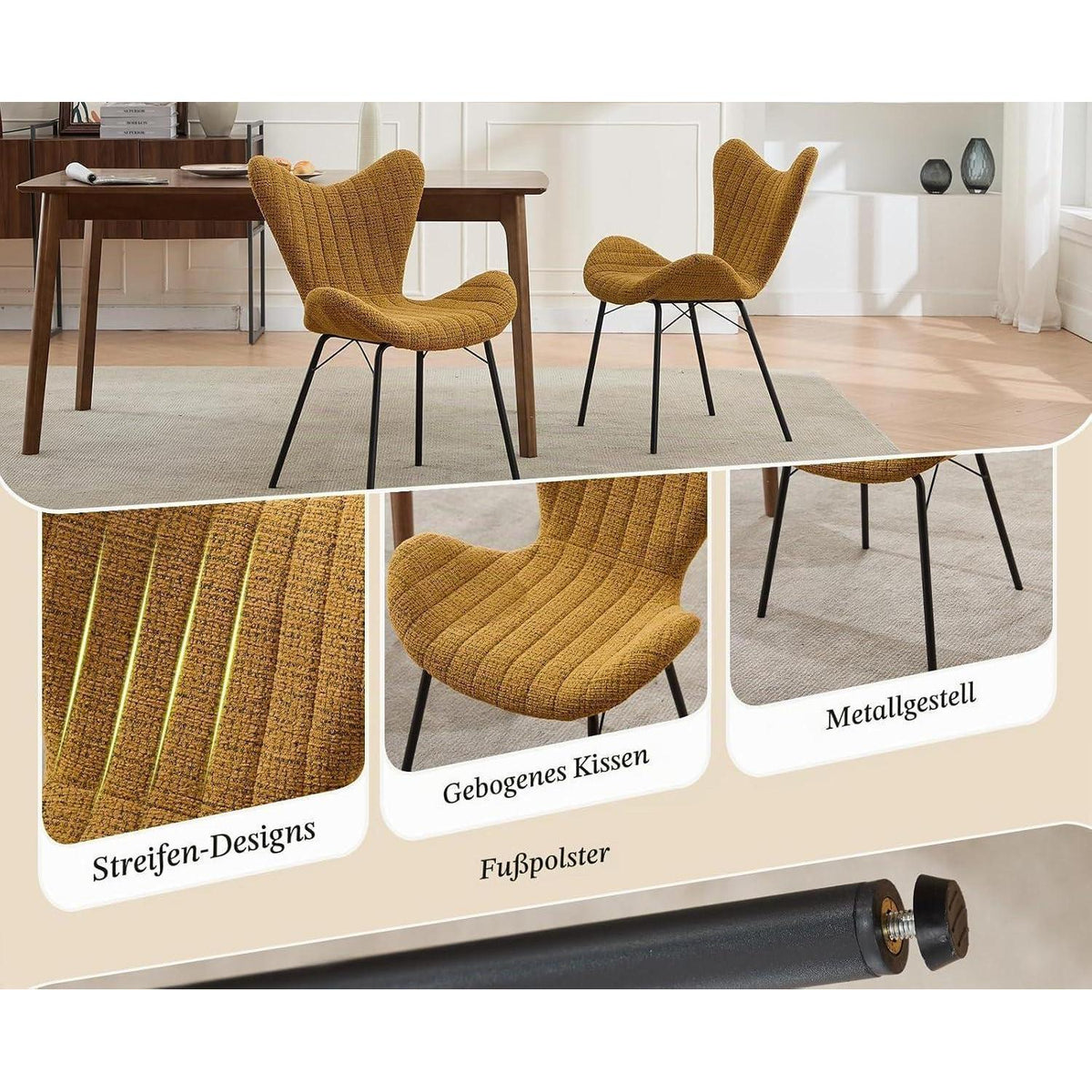 Esszimmerstühle Set 4 – Gelb, Chenille & Metallgestell