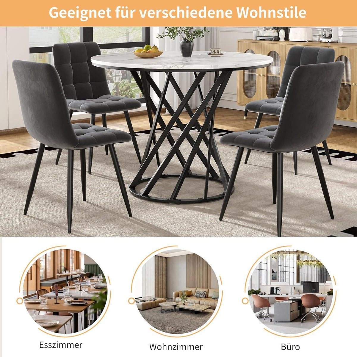 Runder Esstisch Set für 4 Personen | Weiß mit Samtstühlen