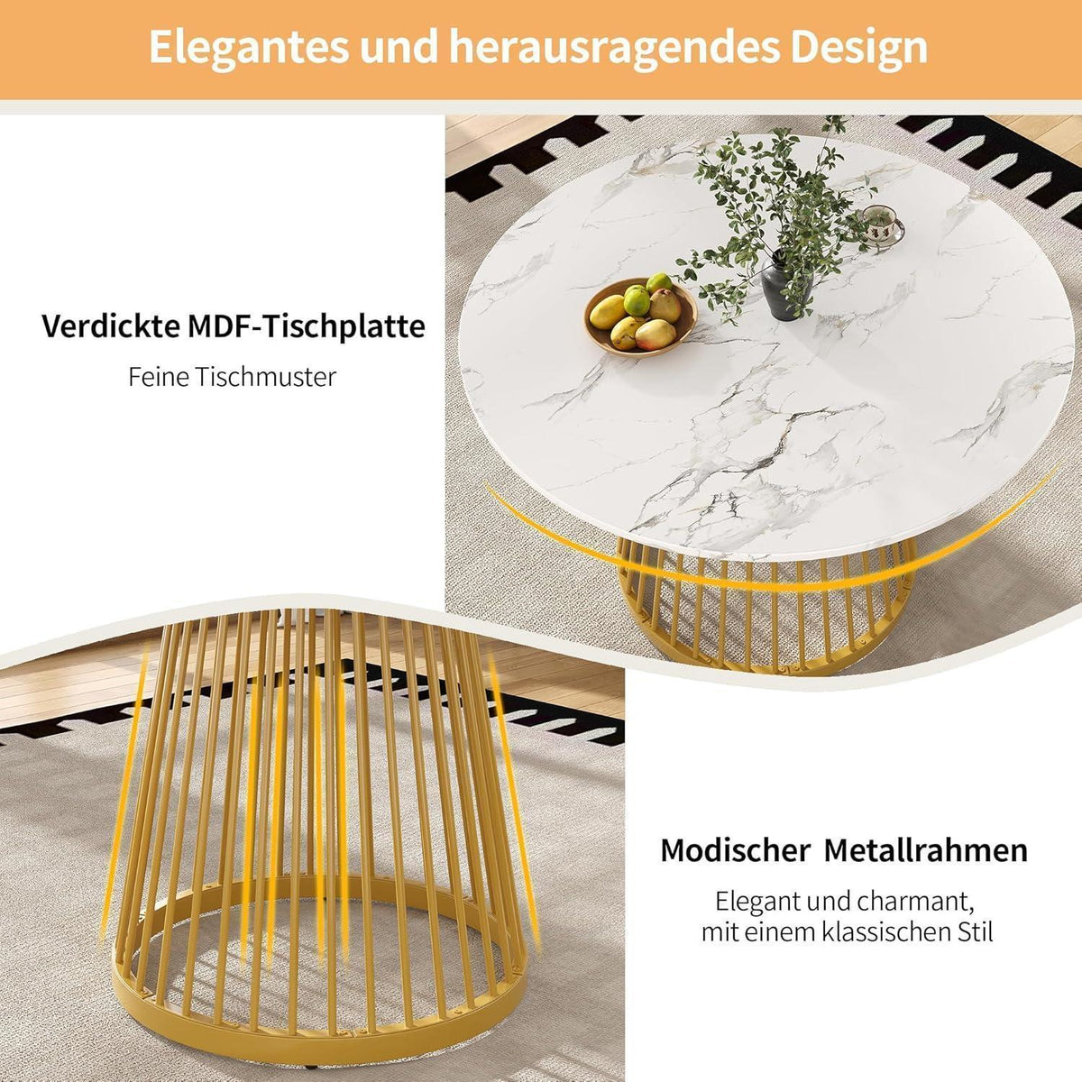 Runder Esstisch Set für 4 Personen | Weiß mit goldenen Stühlen