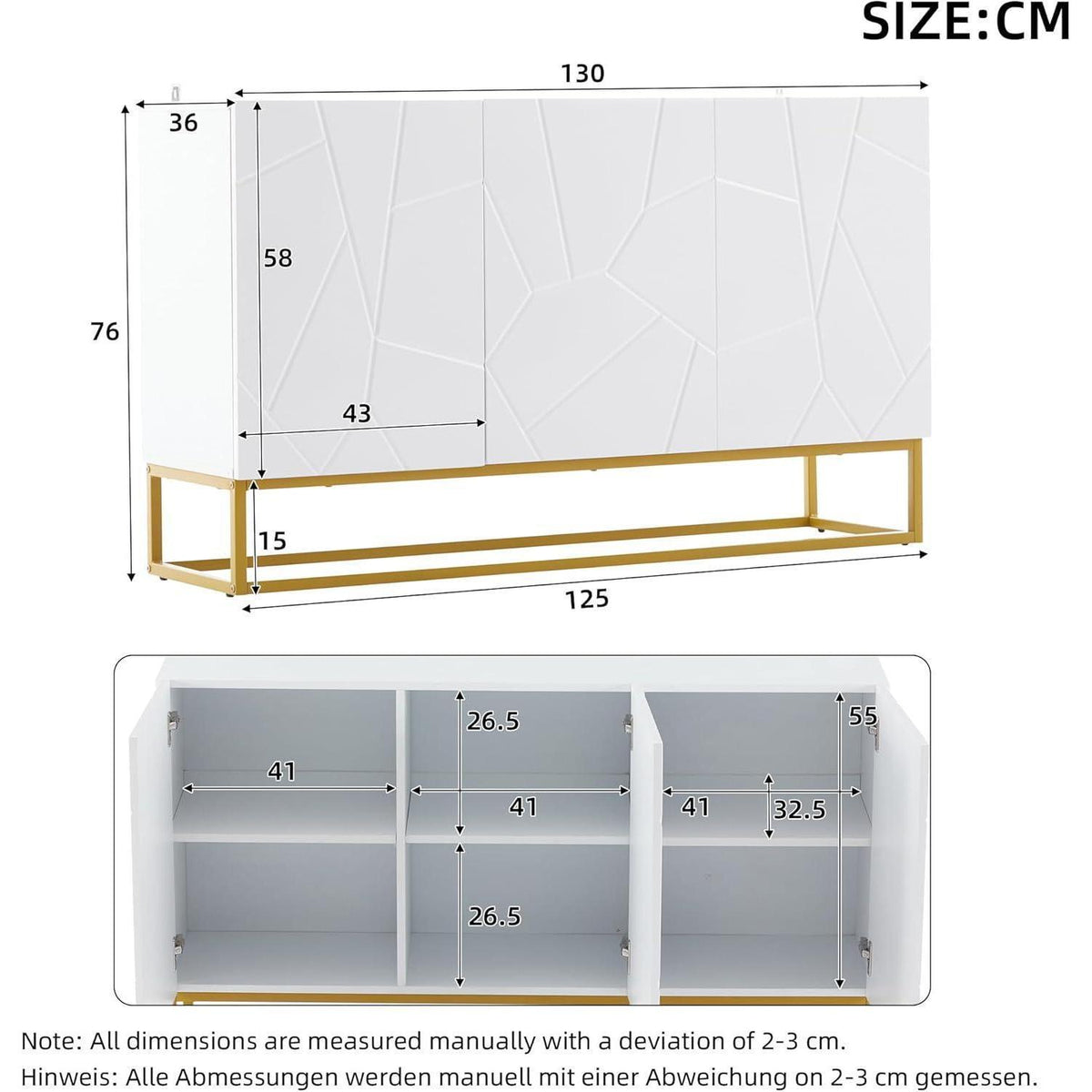 Hochglanz Sideboard Weiß mit 4 Fächern & Verstellbaren Regalböden