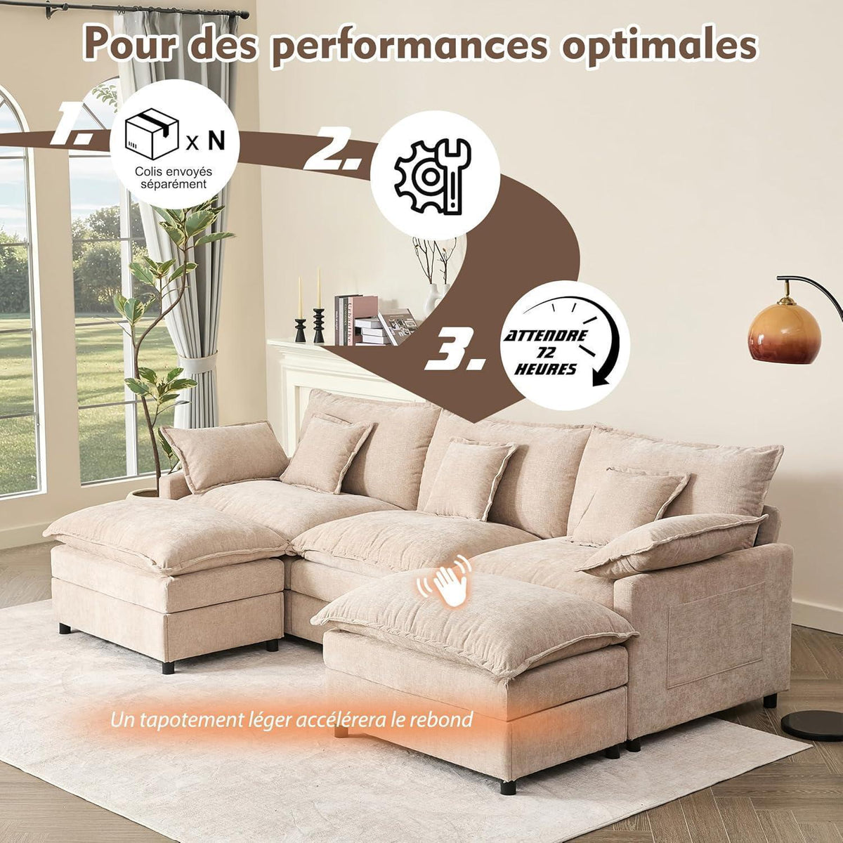Modulares U-förmiges Sofa 3-Sitzer mit Hocker, Hellbraun