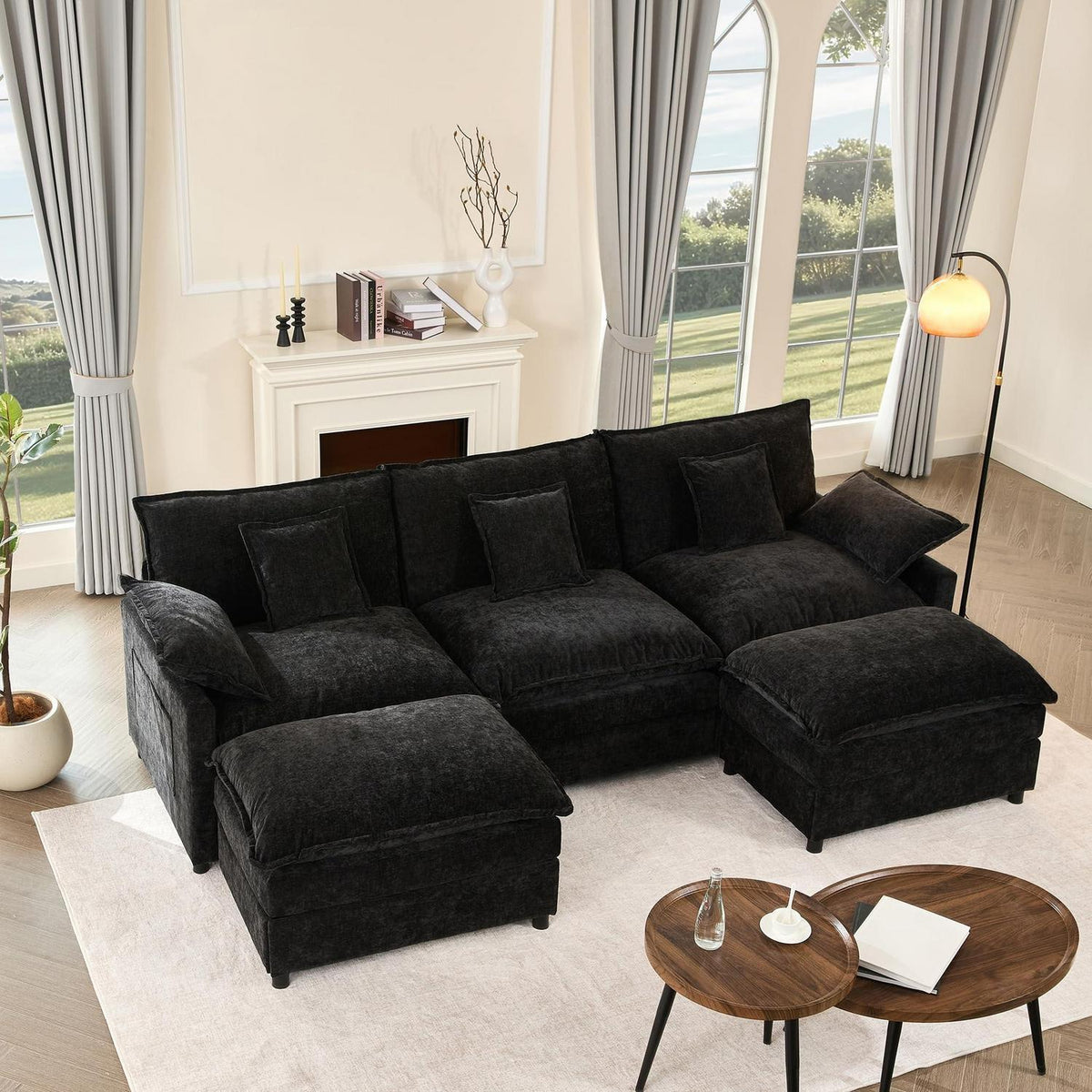 Modulares U-förmiges Sofa 3-Sitzer mit Hocker & Chenille-Bezug (Schwarz)