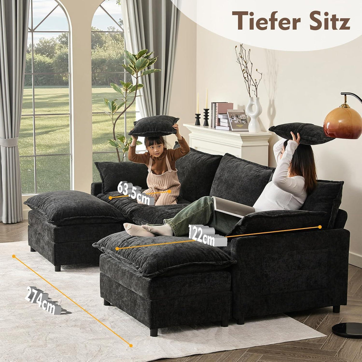 Modulares U-förmiges Sofa 3-Sitzer mit Hocker & Chenille-Bezug (Schwarz)