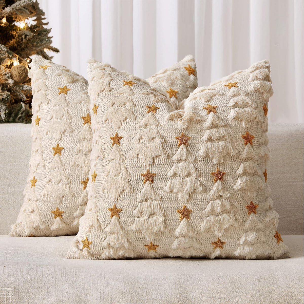 Weihnachtliche Kissenbezüge 2er Set - Samt & Wolle, Beige 50x50cm