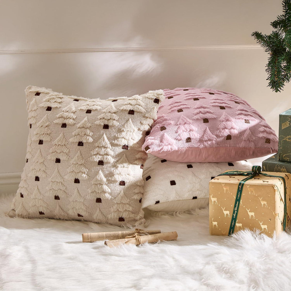 Weihnachtliche Kissenbezüge 2er Set Kurz Wolle & Samt 40x40 cm