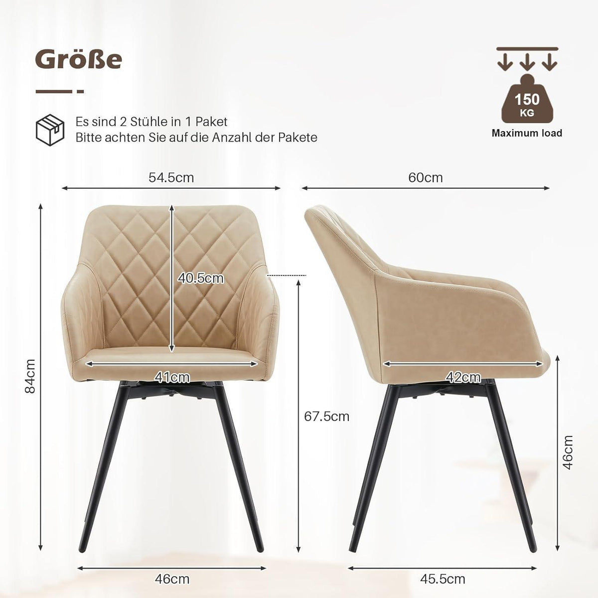 Drehbare Esszimmerstühle 2er Set, Beige Creme