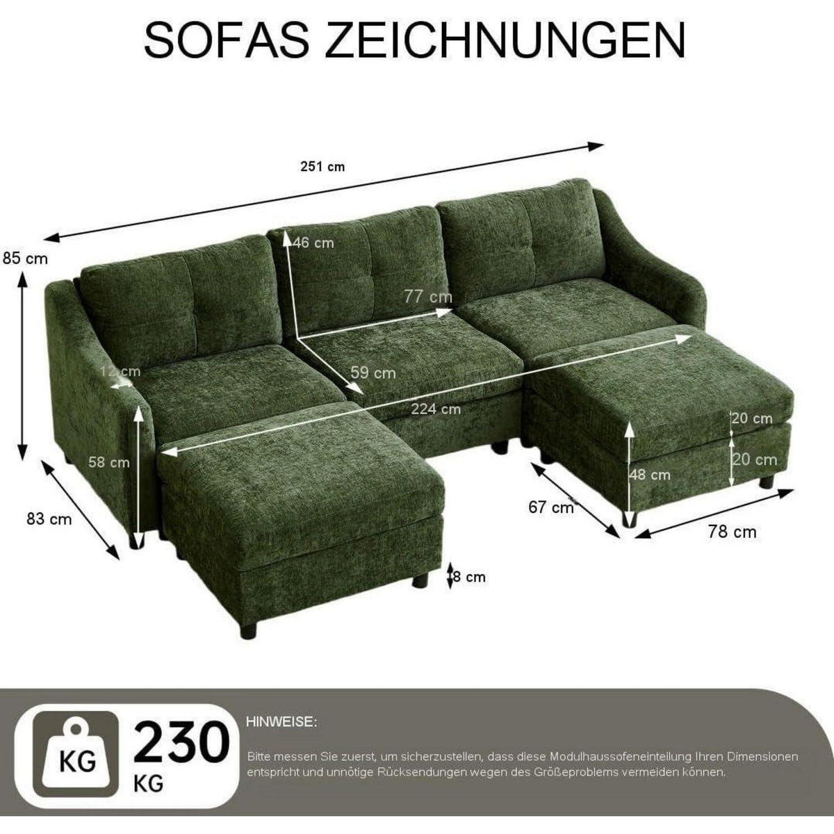JIEXI Ecksofa mit Schlaffunktion – Dunkelgrün, 251cm