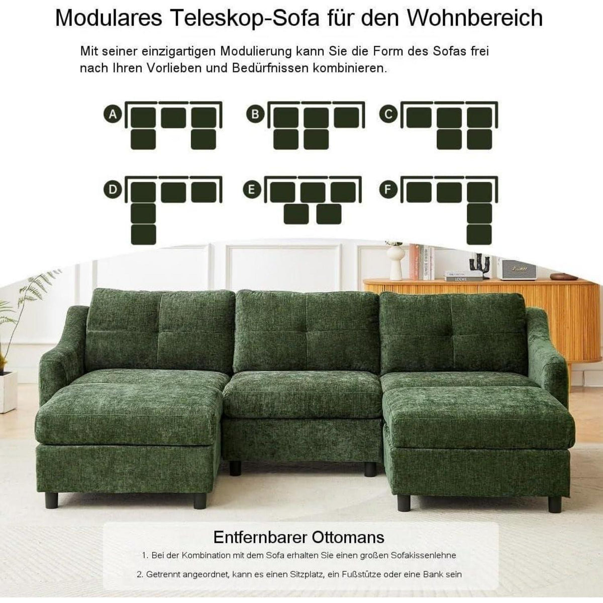 JIEXI Ecksofa mit Schlaffunktion – Dunkelgrün, 251cm