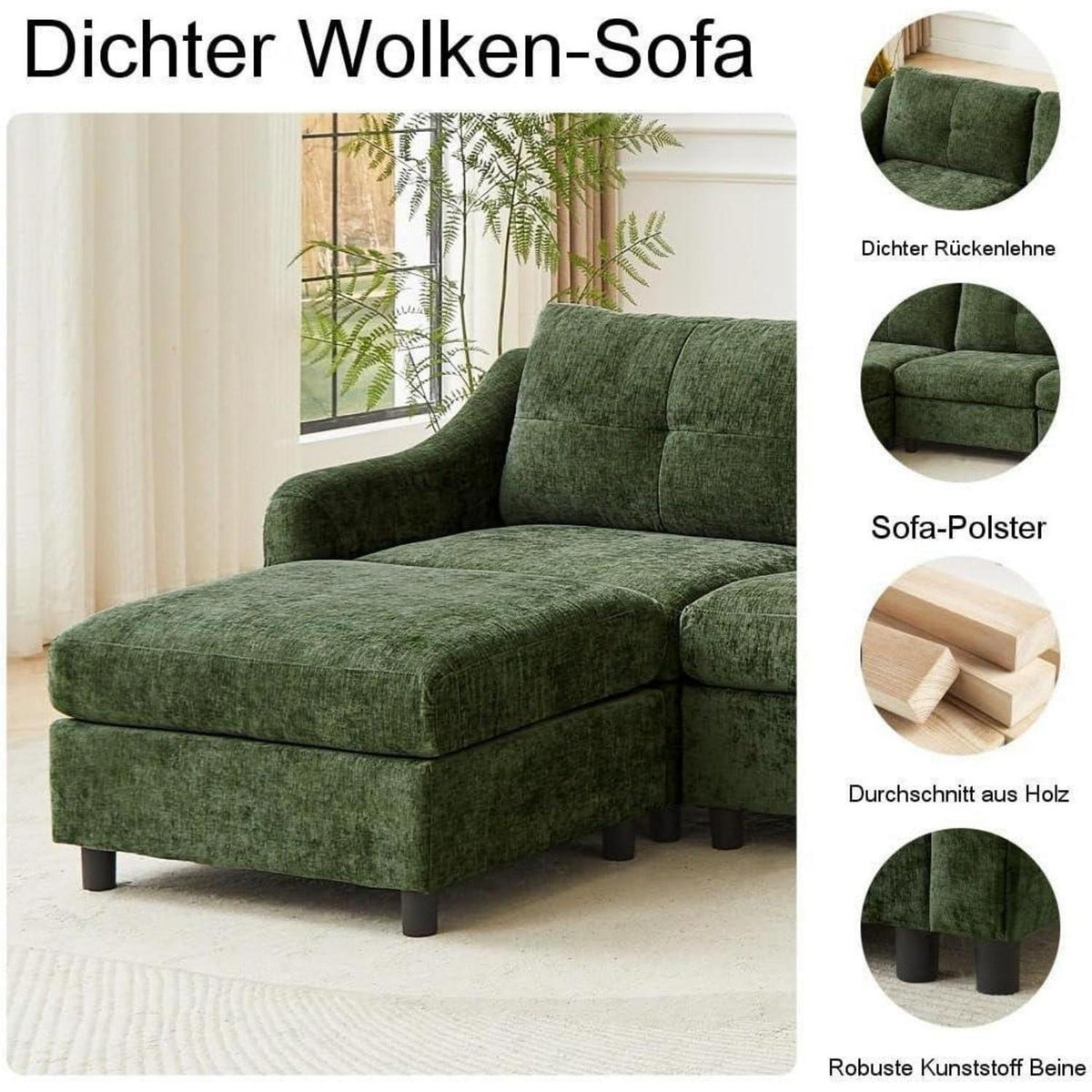 JIEXI Ecksofa mit Schlaffunktion – Dunkelgrün, 251cm