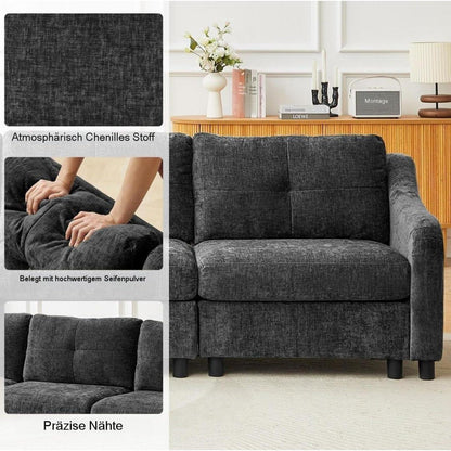 JIEXI Ecksofa mit Schlaffunktion – Grau, 3-Sitzer + 2 Hocker