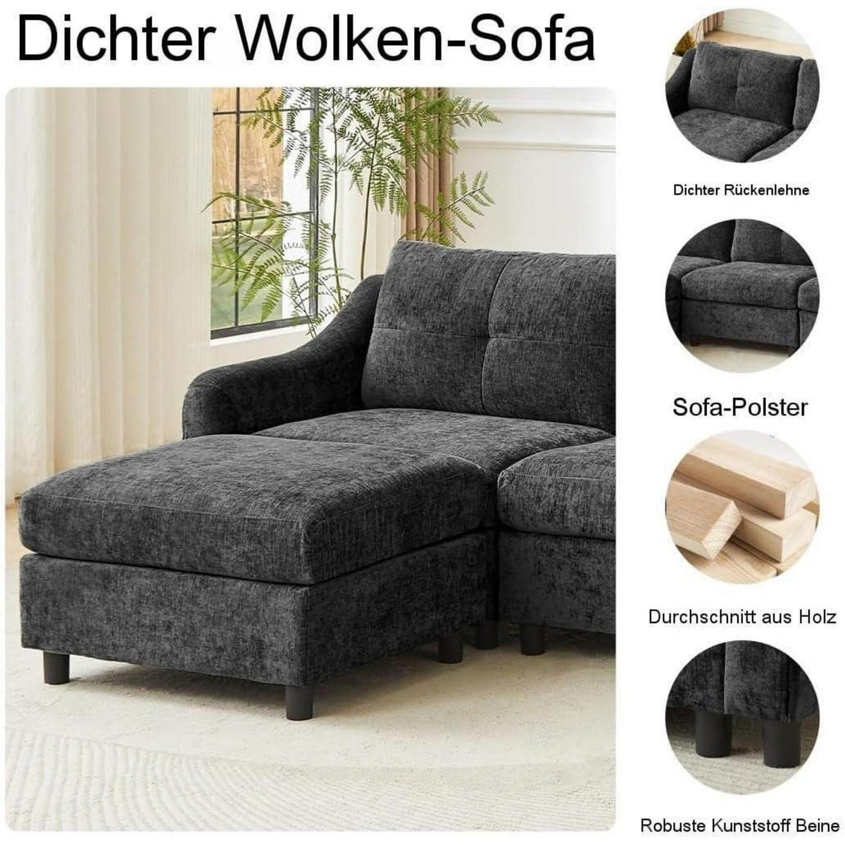 JIEXI Ecksofa mit Schlaffunktion – Grau, 3-Sitzer + 2 Hocker