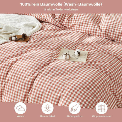 Gewaschene Baumwoll Bettwäsche Set 200x220 Ziegelrot 3tlg. Karomuster