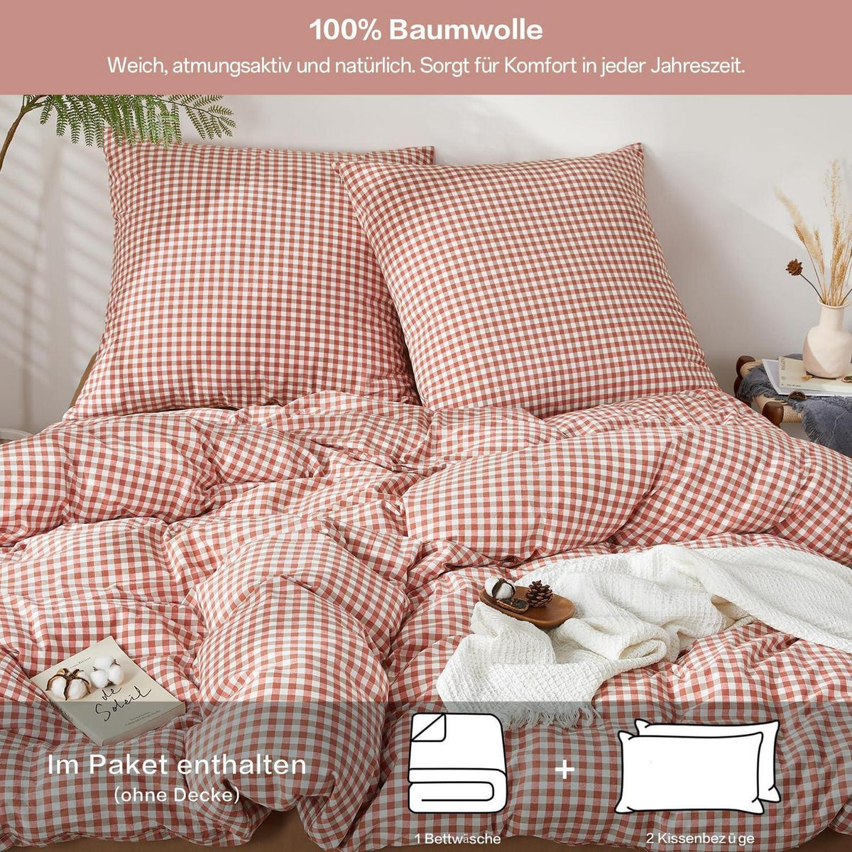 Gewaschene Baumwoll Bettwäsche Set 200x220 Ziegelrot 3tlg. Karomuster
