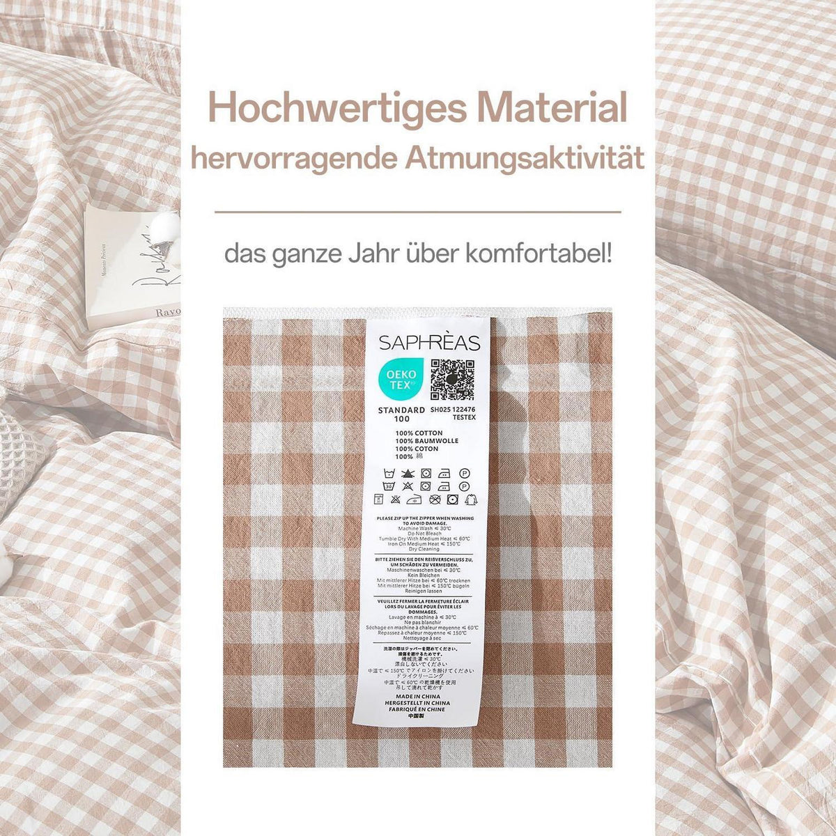 Gewaschene Baumwoll Bettwäsche Set 200x200 Taupe Kariert 3tlg.