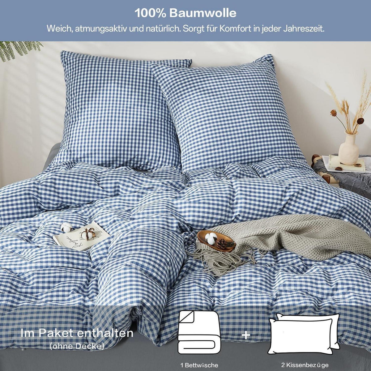3tlg. Karierte Baumwoll Bettwäsche Set 200x220 Marineblau