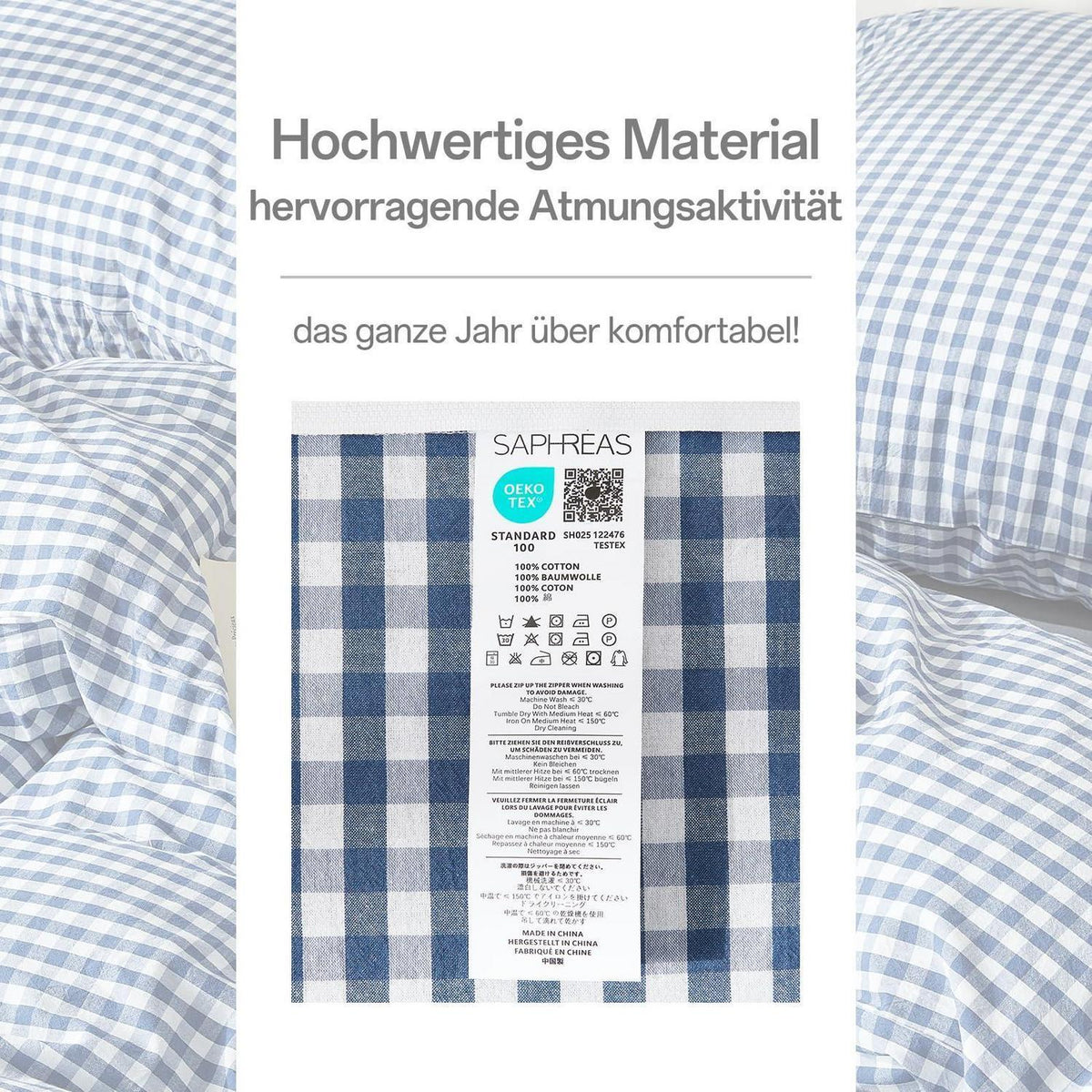 3tlg. Karierte Baumwoll Bettwäsche Set 200x220 Marineblau
