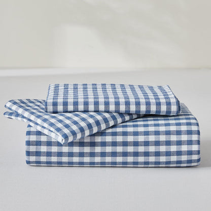 3tlg. Karierte Baumwoll Bettwäsche Set 200x220 Marineblau