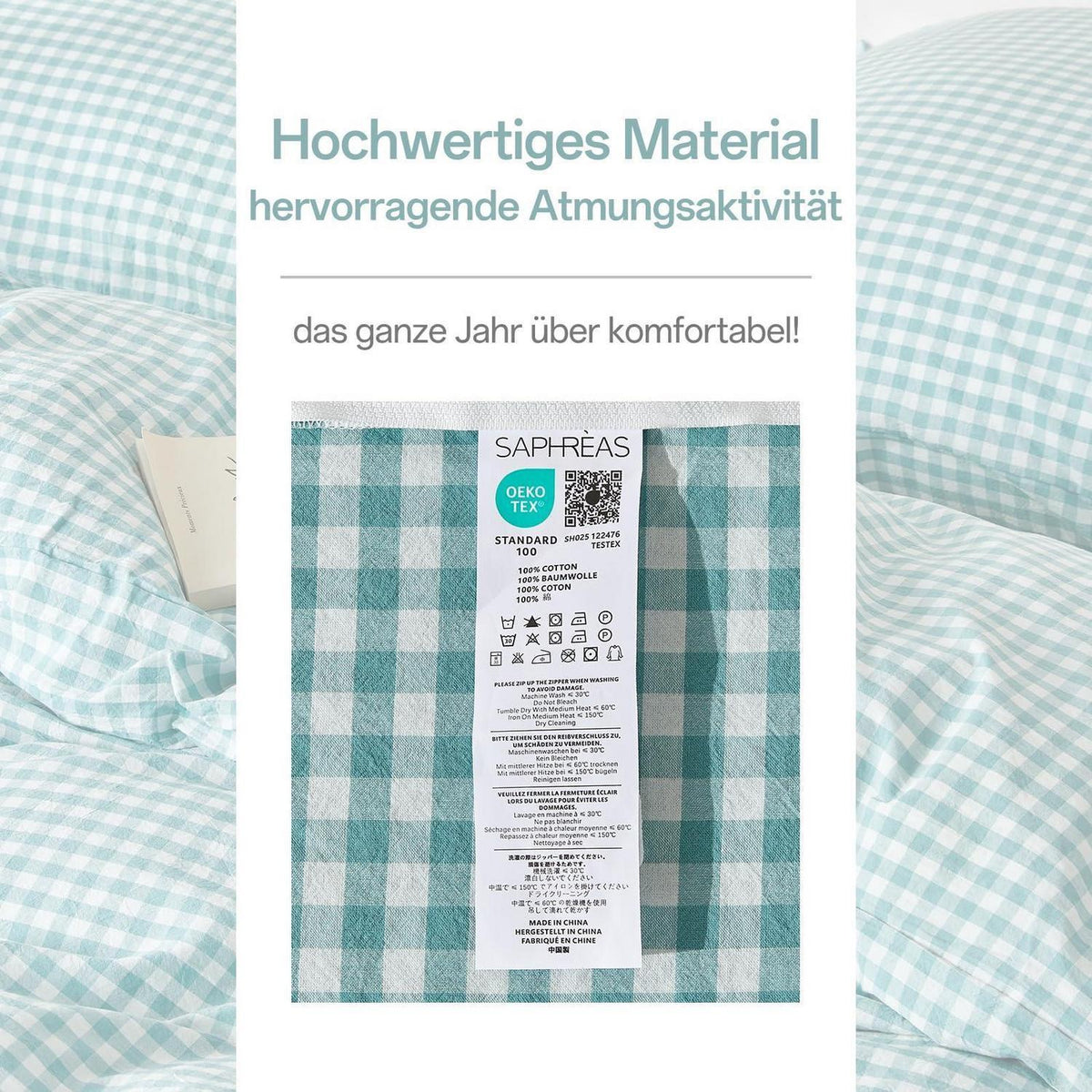 Gewaschene Baumwoll Bettwäsche Set Türkisblau 200x220 cm 3tlg.