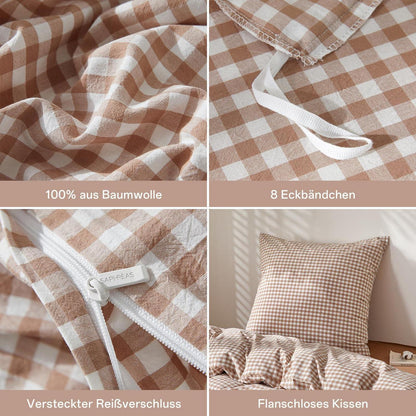 Gewaschene Baumwoll Bettwäsche Set 200x220 Taupe Kariert 3tlg.