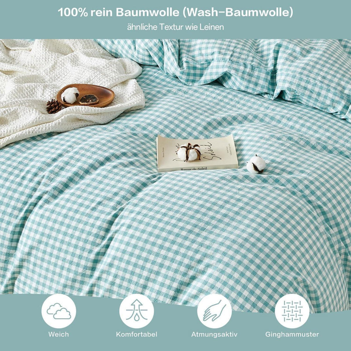 Gewaschene Baumwoll Bettwäsche Set 200x200 Türkisblau 3tlg. Karomuster