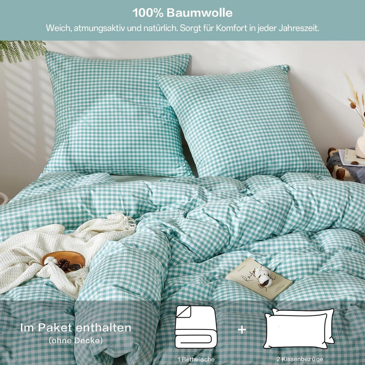 Gewaschene Baumwoll Bettwäsche Set 200x200 Türkisblau 3tlg. Karomuster