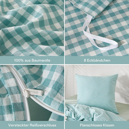 Gewaschene Baumwoll Bettwäsche Set 200x200 Türkisblau 3tlg. Karomuster
