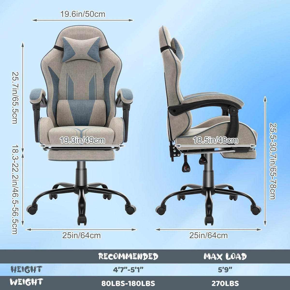 Ergonomischer Gaming-Stuhl mit Fußstütze, Kopfstütze & Lendenkissen – Grau
