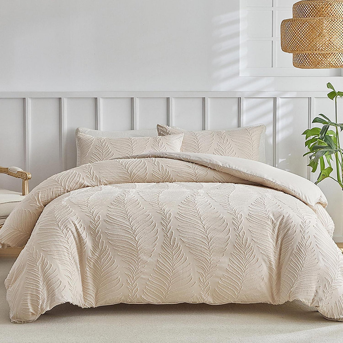 Getuftete Bettwäsche 220x240 Beige Blattmuster mit Kissenbezügen