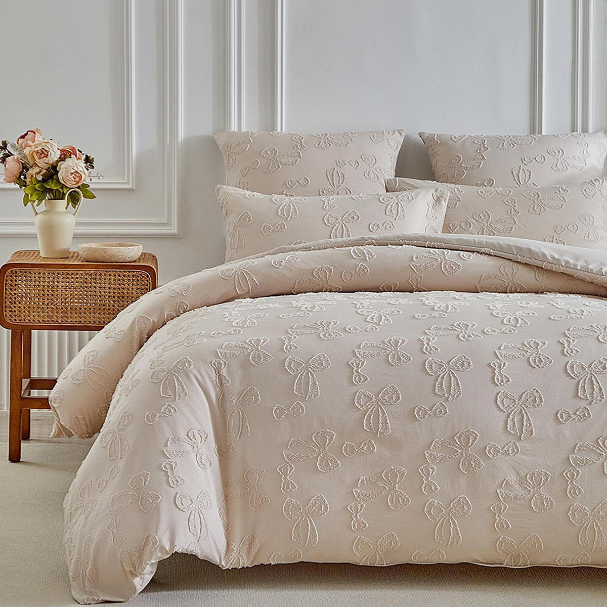 Getuftete Bettwäsche 220x240 Beige Schleifenmuster mit Kissenbezügen