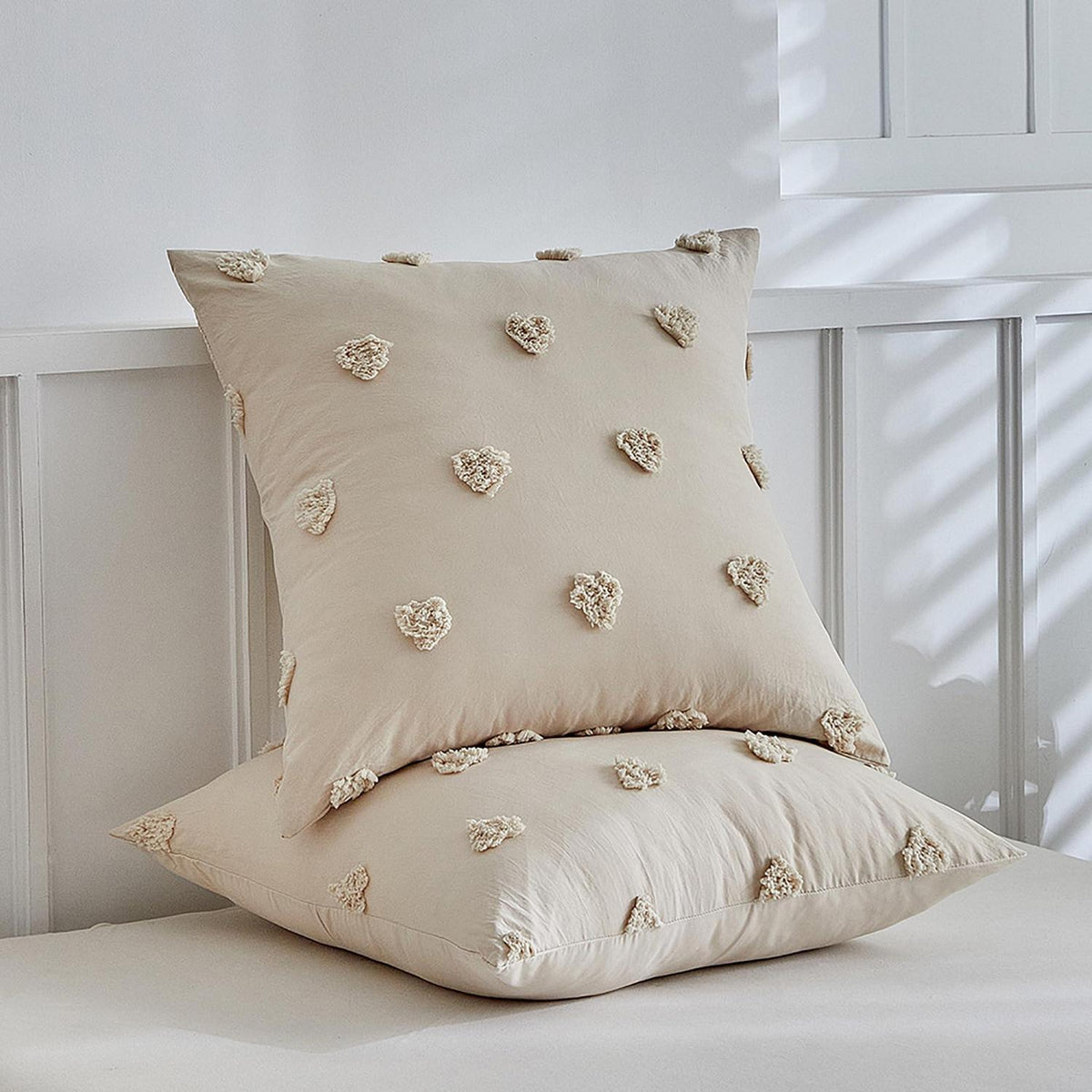 Getuftete Bettwäsche 135x200 Beige mit Herzmuster 4-teilig