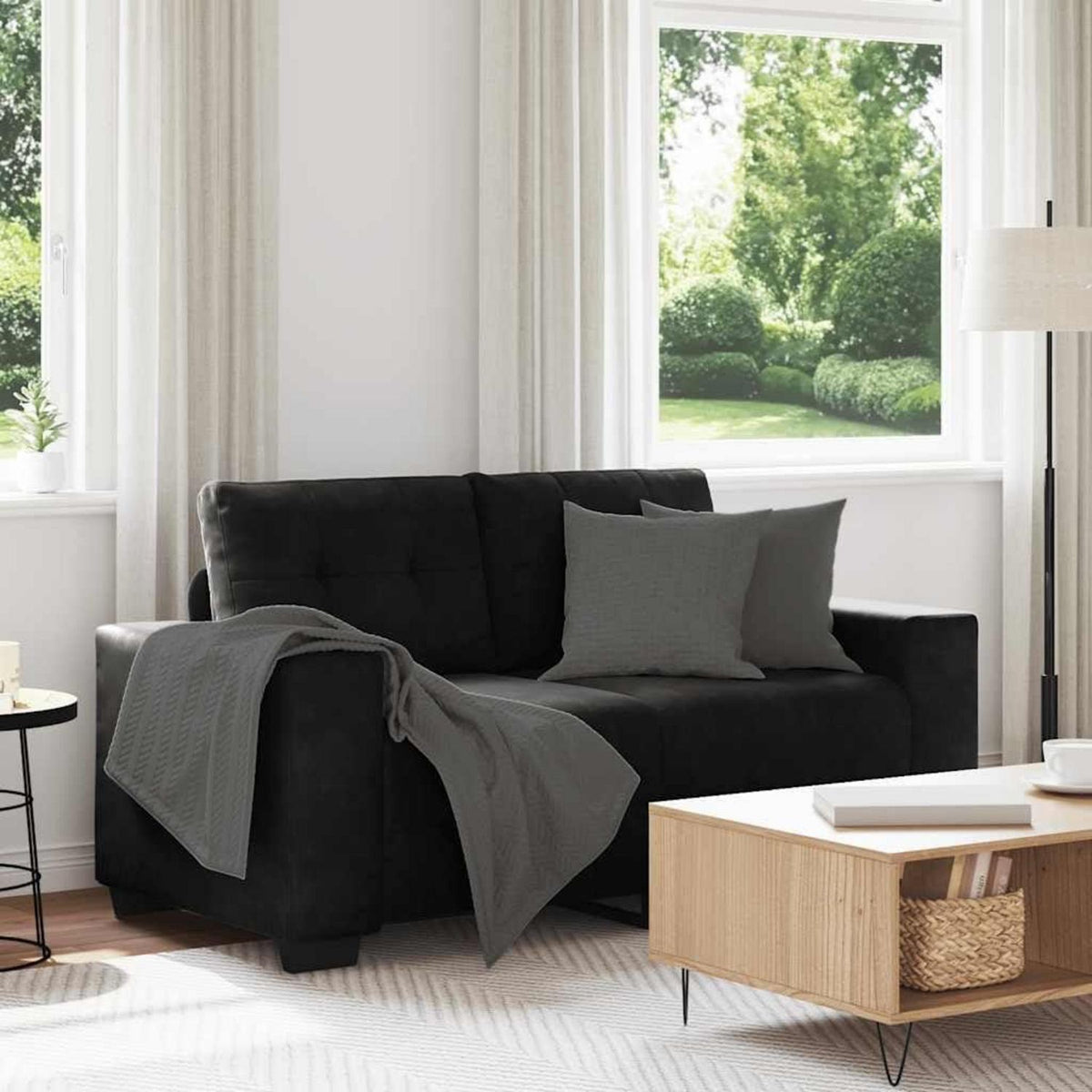 Zweisitzer Sofa Schwarz – Samtstoff, Modernes Design mit Kissen