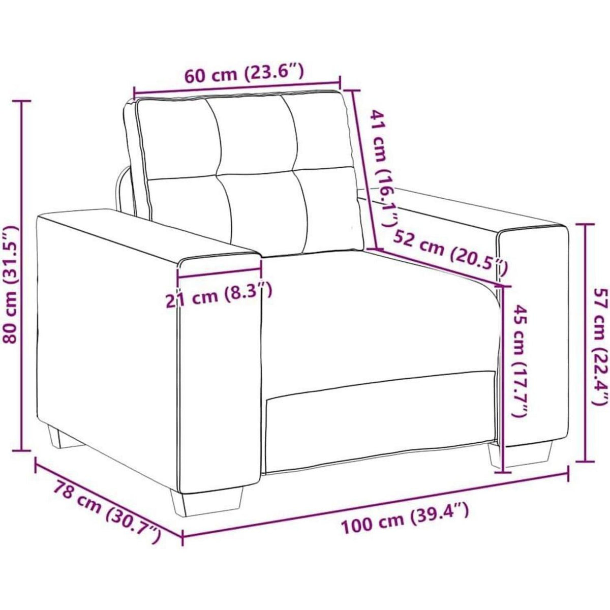 Weinroter Samt Sessel mit Kissen – 60 cm Wohnzimmer Sofa