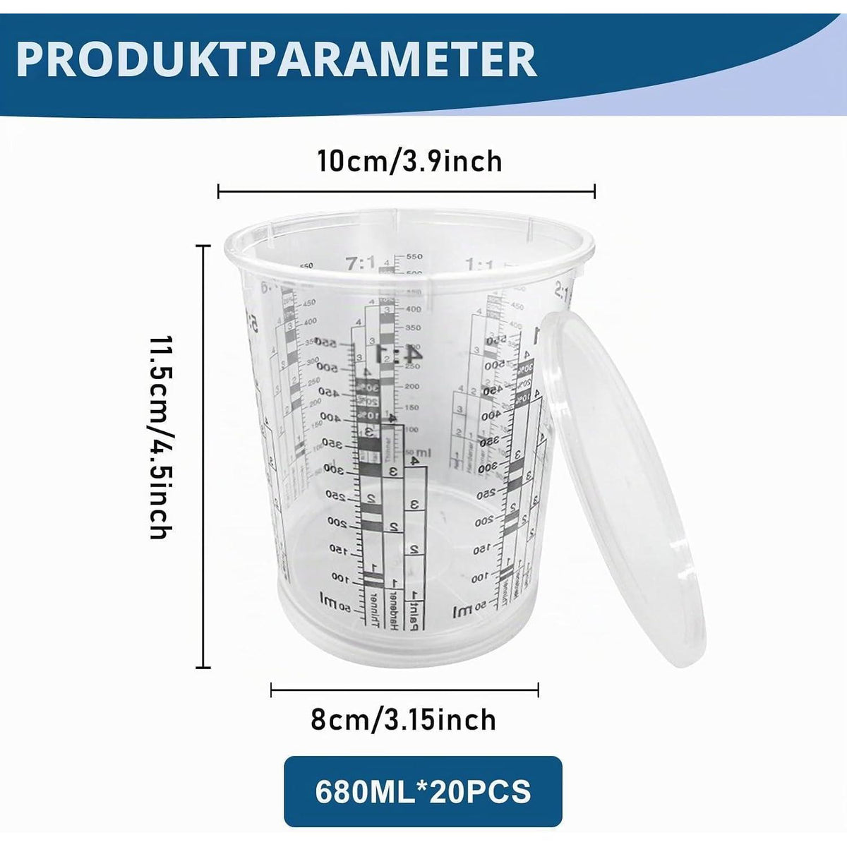 20 Lackmischbecher 680ml mit Deckel – Messbecher für Farbe & Harz