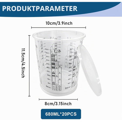 20 Lackmischbecher 680ml mit Deckel – Messbecher für Farbe & Harz