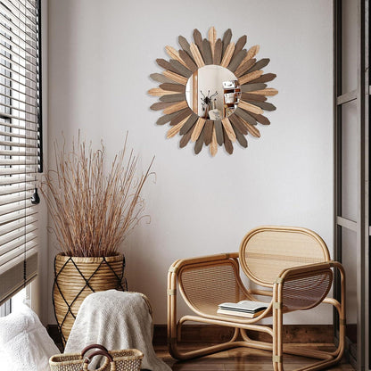 Rustikaler Wandspiegel Holz 48cm – Boho Sonnenschliff Spiegel