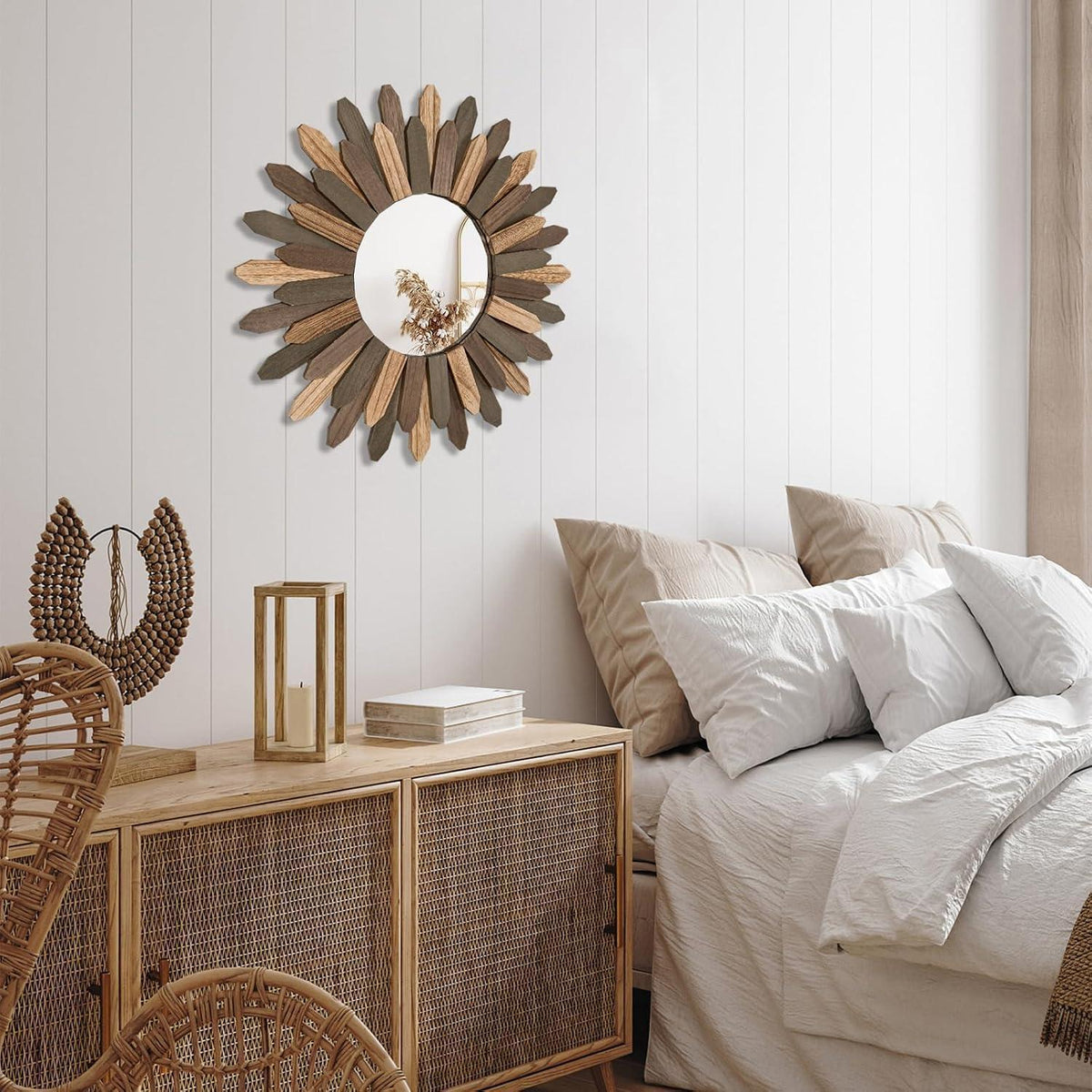 Rustikaler Wandspiegel Holz 48cm – Boho Sonnenschliff Spiegel