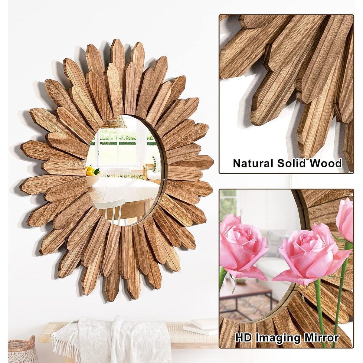 Rustikaler Wandspiegel Holz 48cm Sonnenschliff Boho Deko