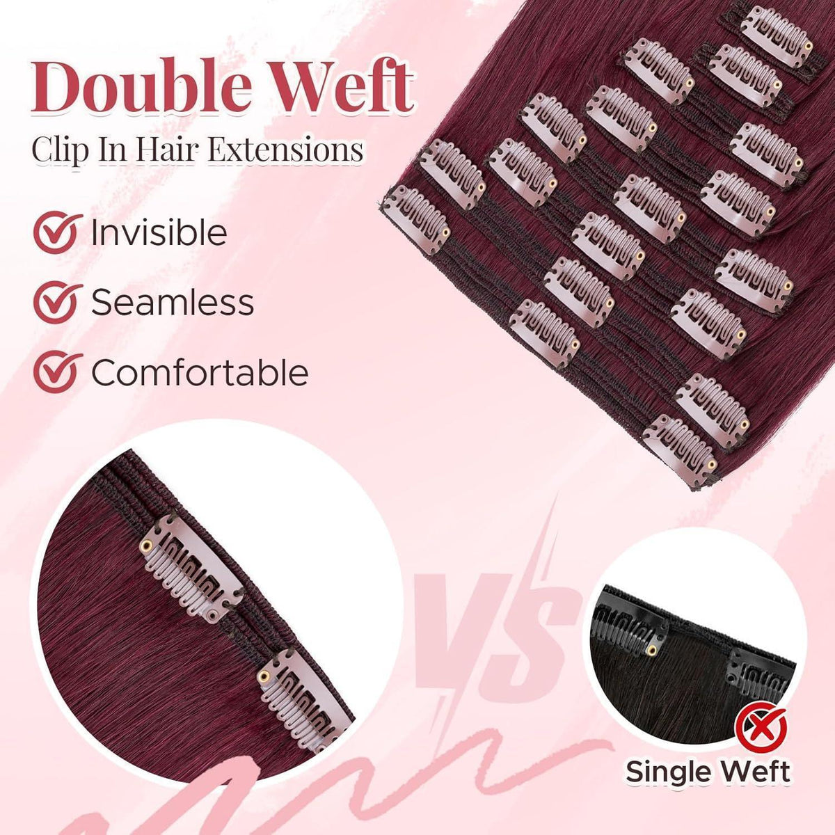 Clip In Echthaar Extensions Bordeauxrot 60cm - 170g